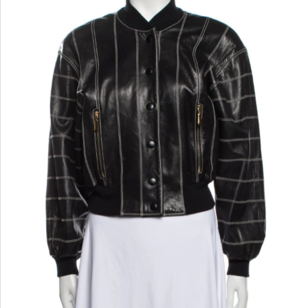 Vintage Escada Black Genuine Leather Bomber with Contrast Stitching